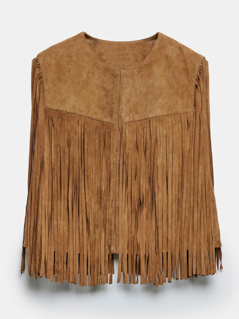 ウエスタン カウガール フリンジ ベスト クルーネック ボヘミアン スプリング スエード ジャケット レディース 2025