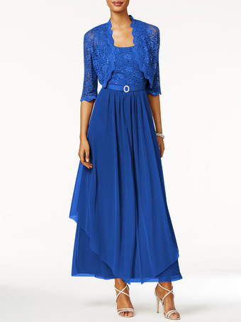 ロイヤルブルー花嫁のドレスの母2個ラインレース足首の長さのウェディングゲストドレス