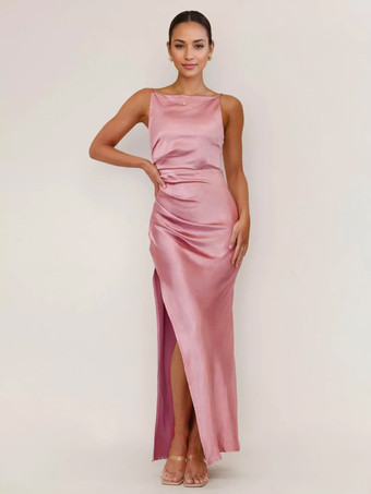 ソフトピンクのマキシスリットドレス オープンバック パーティー スリップドレス レディース 2025