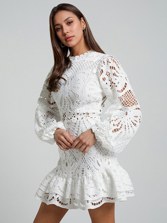 ホワイト パフスリーブ レースドレス 誕生日パーティー Aライン ミニドレス レディース 2025