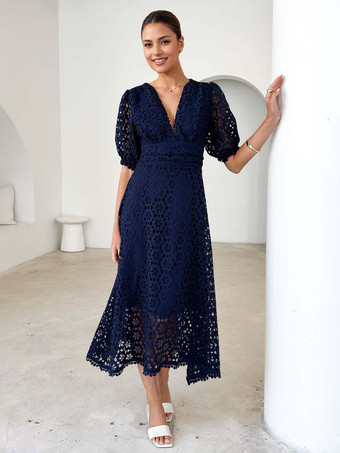 レースドレス Vネック パフスリーブ Aライン ミディドレス レディース 2025