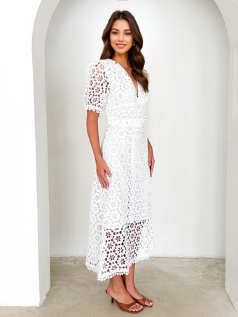 レースドレス Vネック パフスリーブ Aライン ミディドレス レディース 2025