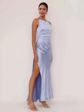 ソフトピンクのマキシスリットドレス オープンバック パーティー スリップドレス レディース 2025