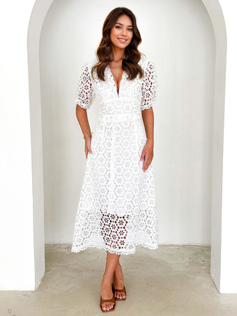 ホワイト レースドレス Vネック パフスリーブ Aライン ミディドレス レディース 2025