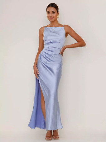 ライトスカイブルーソフトピンクのマキシスリットドレス オープンバック パーティー スリップドレス レディース 2025