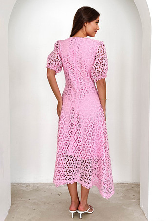 レースドレス Vネック パフスリーブ Aライン ミディドレス レディース 2025