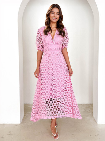 ピンクレースドレス Vネック パフスリーブ Aライン ミディドレス レディース 2025