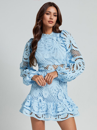 ライトスカイブルーパフスリーブ レースドレス 誕生日パーティー Aライン ミニドレス レディース 2025