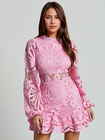 ピンクパフスリーブ レースドレス 誕生日パーティー Aライン ミニドレス レディース 2025