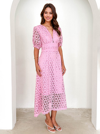 レースドレス Vネック パフスリーブ Aライン ミディドレス レディース 2025