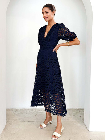 レースドレス Vネック パフスリーブ Aライン ミディドレス レディース 2025