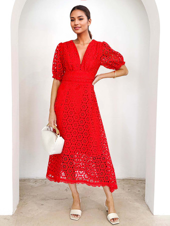レッド レースドレス Vネック パフスリーブ Aライン ミディドレス レディース 2025