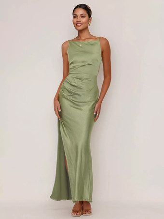 グリーン ソフトピンクのマキシスリットドレス オープンバック パーティー スリップドレス レディース 2025