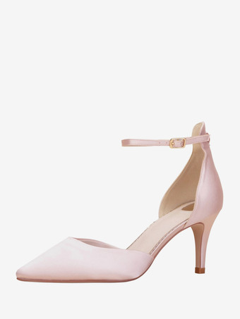 ピンクサテンウェディングシューズ ポインテッドトゥ アンクルストラップパンプス