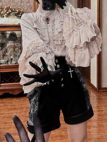ゴシックロリータブラウス ロリータトップス アプリコット 長袖 レース フリル 花柄 王子ロリータシャツ