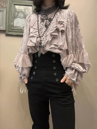 ゴシックロリータブラウス ロリータトップス アプリコット 長袖 レース フリル 花柄 王子ロリータシャツ