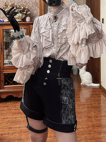 ゴシックロリータブラウス ロリータトップス アプリコット 長袖 レース フリル 花柄 王子ロリータシャツ