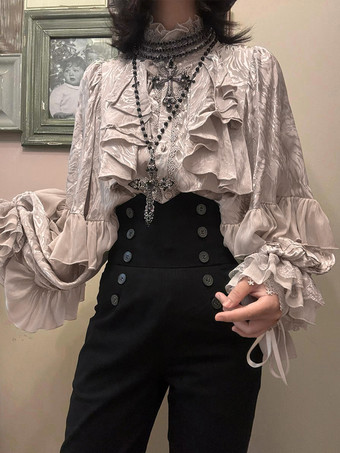 ゴシックロリータブラウス ロリータトップス アプリコット 長袖 レース フリル 花柄 王子ロリータシャツ