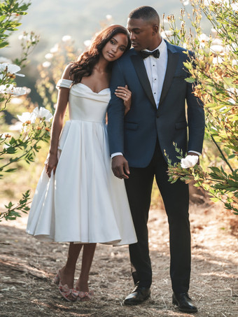 ショートウェディングドレス オフショルダー ノースリーブ ショート丈 ティーレングス ブライダルドレス