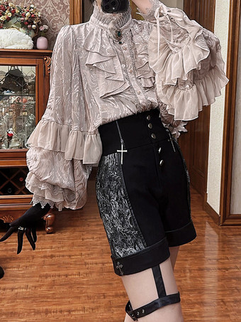 ゴシックロリータブラウス ロリータトップス アプリコット 長袖 レース フリル 花柄 王子ロリータシャツ