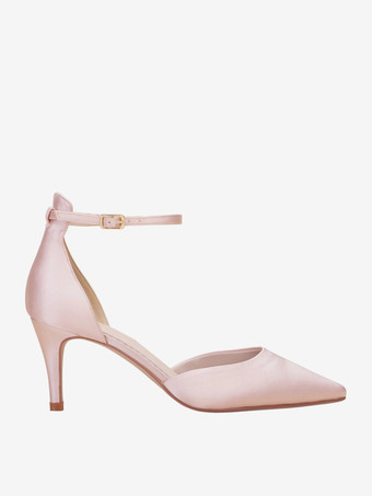 サテンウェディングシューズ ポインテッドトゥ アンクルストラップパンプス