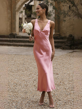 ピンクマキシドレス Vネック セミフォーマル パーティードレス レディース 2025