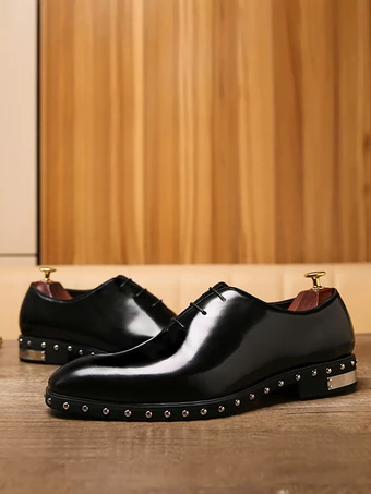 メンズドレスシューズファッションラウンドトゥリベット牛革オックスフォードタキシードドレスシューズ