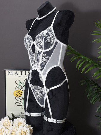 Weiße sexy BH-Sets 3-teiliges Hochzeits-BH-Höschen-Set mit transparenter Applikation für Erwachsene