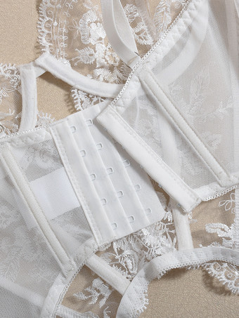 Weiße sexy BH-Sets 3-teiliges Hochzeits-BH-Höschen-Set mit transparenter Applikation für Erwachsene