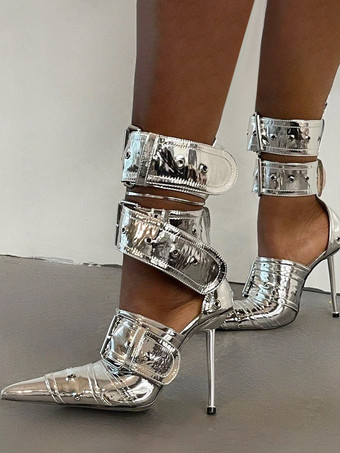 シルバー レディース バックル ハイヒール ポインテッドトゥ アンクルストラップ パンプス