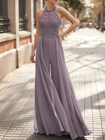 サーモンピンクレースネックハンギングシフォンジャンプスーツ