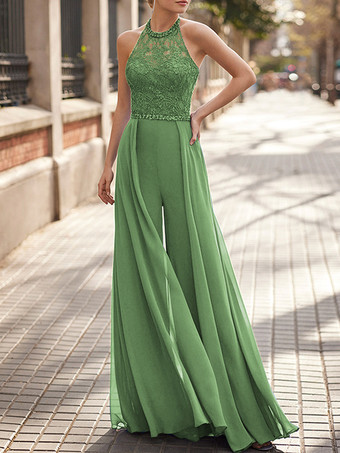 セージグリーンレースネックハンギングシフォンジャンプスーツ