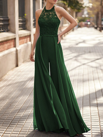 ダークグリーンレースネックハンギングシフォンジャンプスーツ