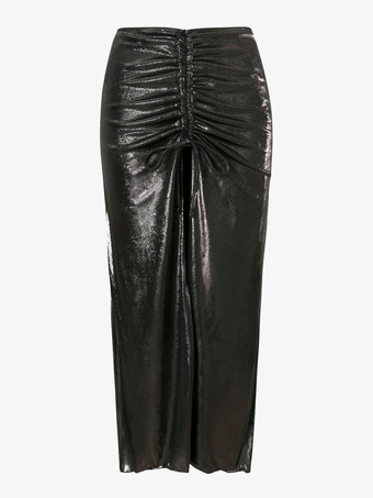 2025年夏のビーチにぴったりな光沢のある黒のVネックモノキニとハイスリットスカートの2点セット