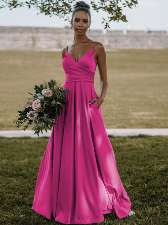 ローズレッドブライドメイドドレス 弾性シルクのようなサテン Aライン マキシレングスフォーマルガウン