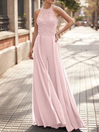 ソフトピンクレースネックハンギングシフォンジャンプスーツ