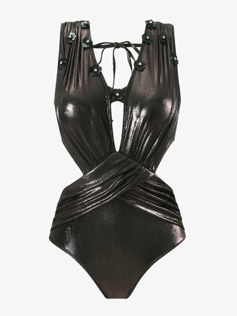 2025年夏のビーチにぴったりな光沢のある黒のVネックモノキニとハイスリットスカートの2点セット