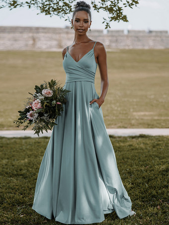 ピューターブライドメイドドレス 弾性シルクのようなサテン Aライン マキシレングスフォーマルガウン