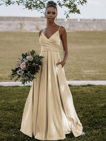 シャンパンブライドメイドドレス 弾性シルクのようなサテン Aライン マキシレングスフォーマルガウン