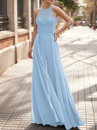 ベビーブルーレースネックハンギングシフォンジャンプスーツ