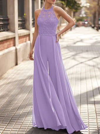 ライラックレースネックハンギングシフォンジャンプスーツ