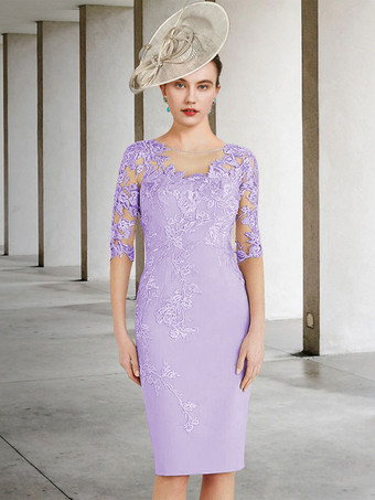 ライラック花嫁の母のためのパーティードレスジュエルネックハーフスリーブシースレースウェディングゲストドレス無料カスタマイズ