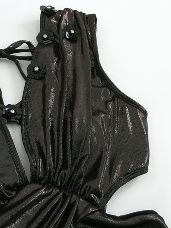 2025年夏のビーチにぴったりな光沢のある黒のVネックモノキニとハイスリットスカートの2点セット