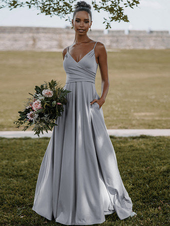 グレイブライドメイドドレス 弾性シルクのようなサテン Aライン マキシレングスフォーマルガウン