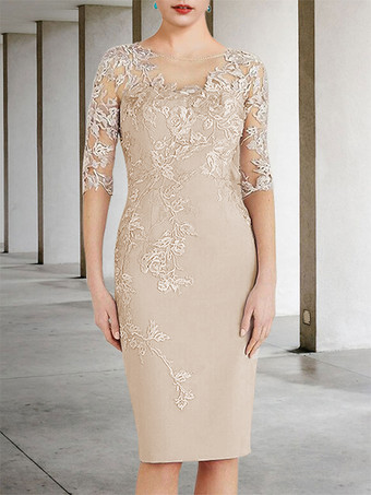 花嫁の母のためのパーティードレスジュエルネックハーフスリーブシースレースウェディングゲストドレス無料カスタマイズ