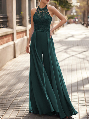 ブルーグリーンレースネックハンギングシフォンジャンプスーツ