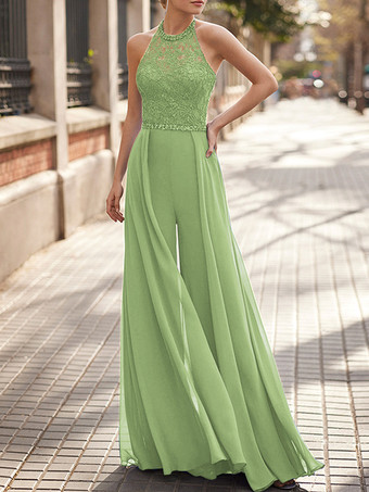 ライトグリーン レースネックハンギングシフォンジャンプスーツ