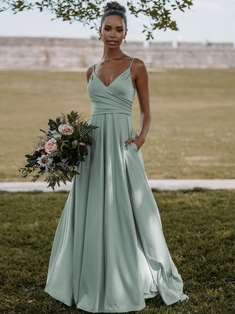 セージグリーンブライドメイドドレス 弾性シルクのようなサテン Aライン マキシレングスフォーマルガウン