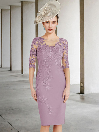 カメオピンク花嫁の母のためのパーティードレスジュエルネックハーフスリーブシースレースウェディングゲストドレス無料カスタマイズ