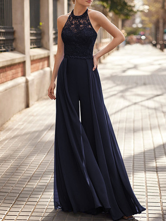 ダークネイビーレースネックハンギングシフォンジャンプスーツ